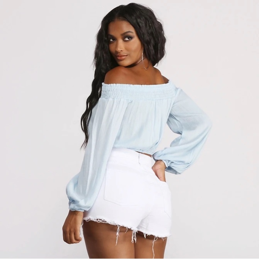 Windsor Baby Blue Off Shoulder Smocked Crop Top | Balloon Sleeves | Size S - Picture 2 of 4